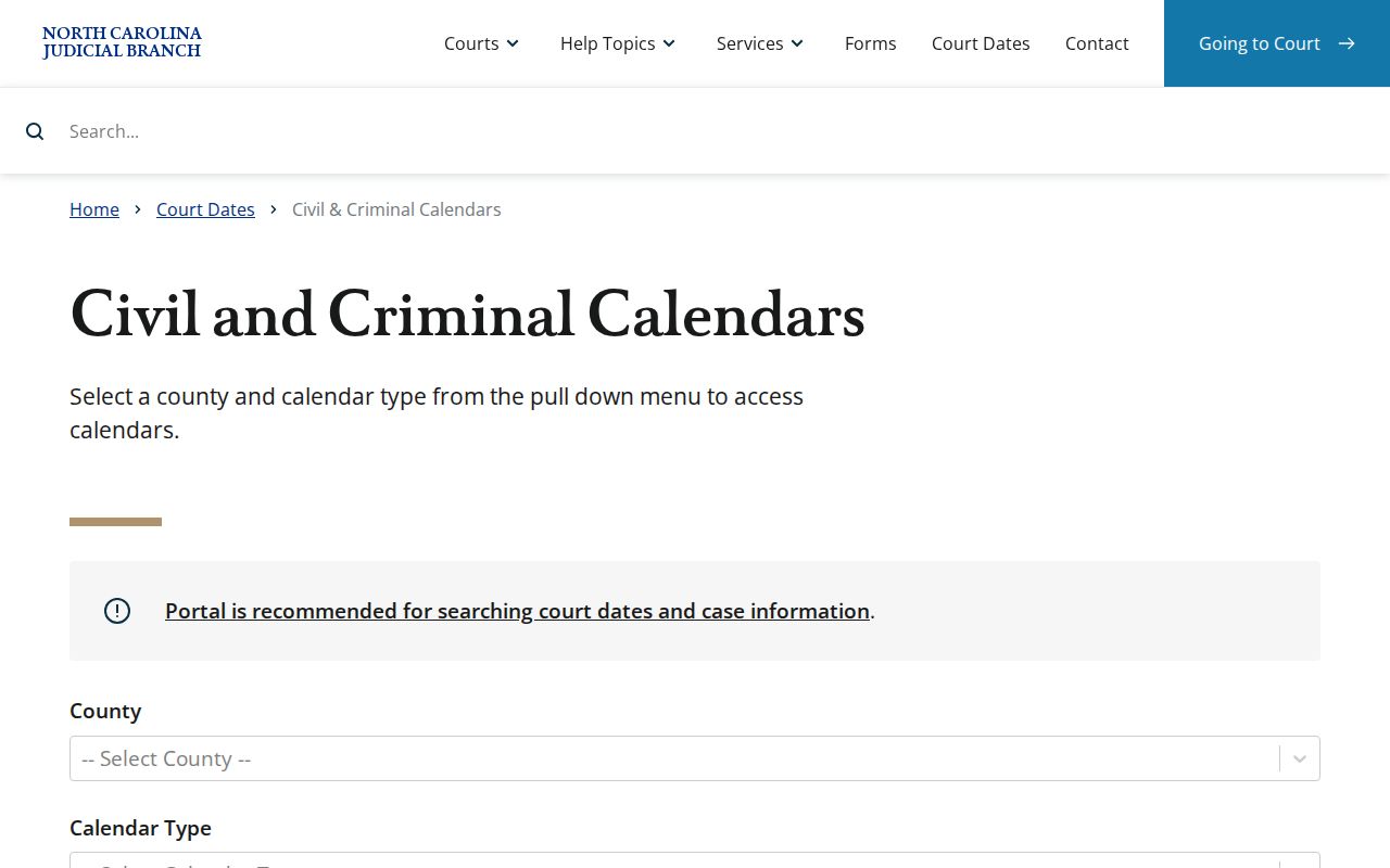 Mecklenburg County court calendar search interface