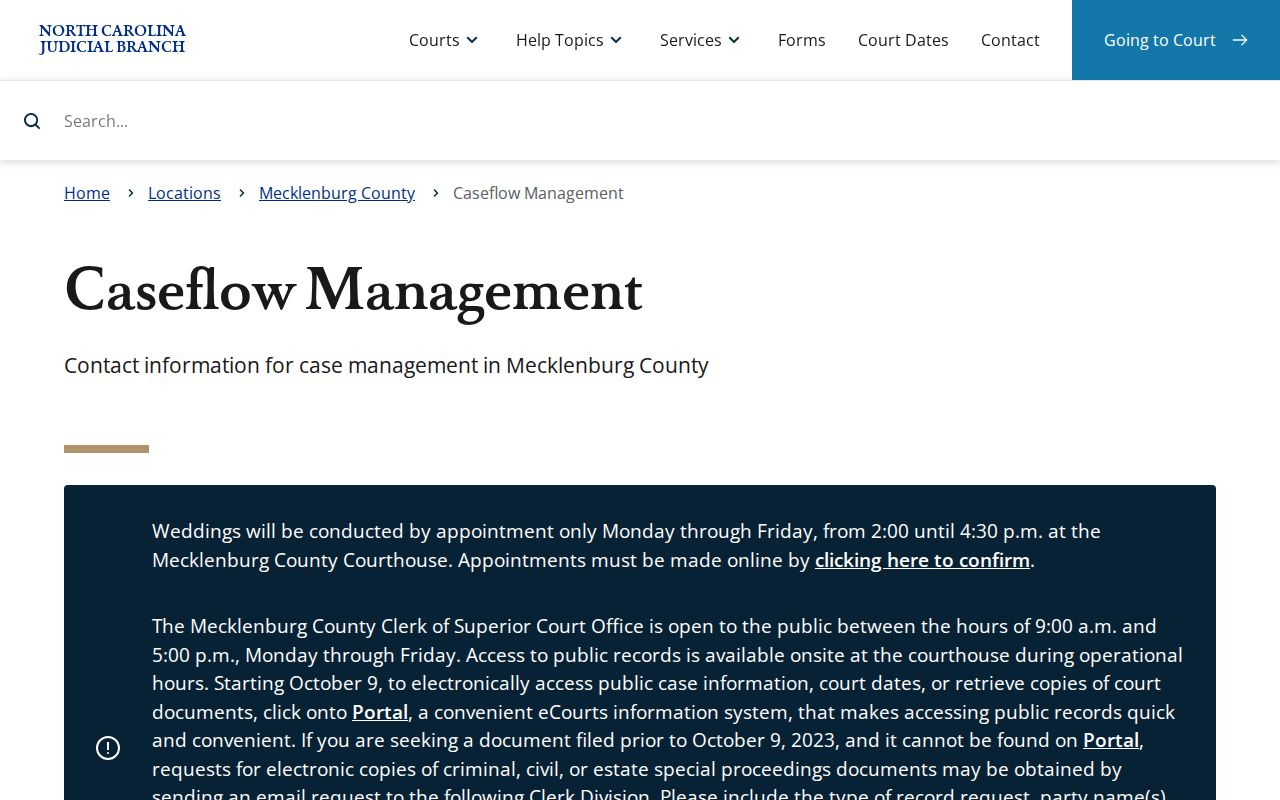 Mecklenburg County court setting caseflow management contact information