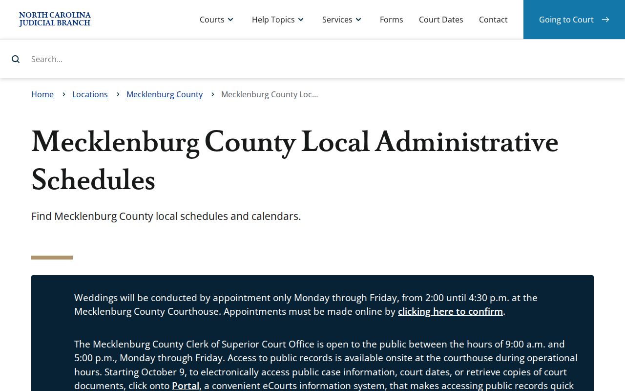 Mecklenburg County court calendar local administrative schedules