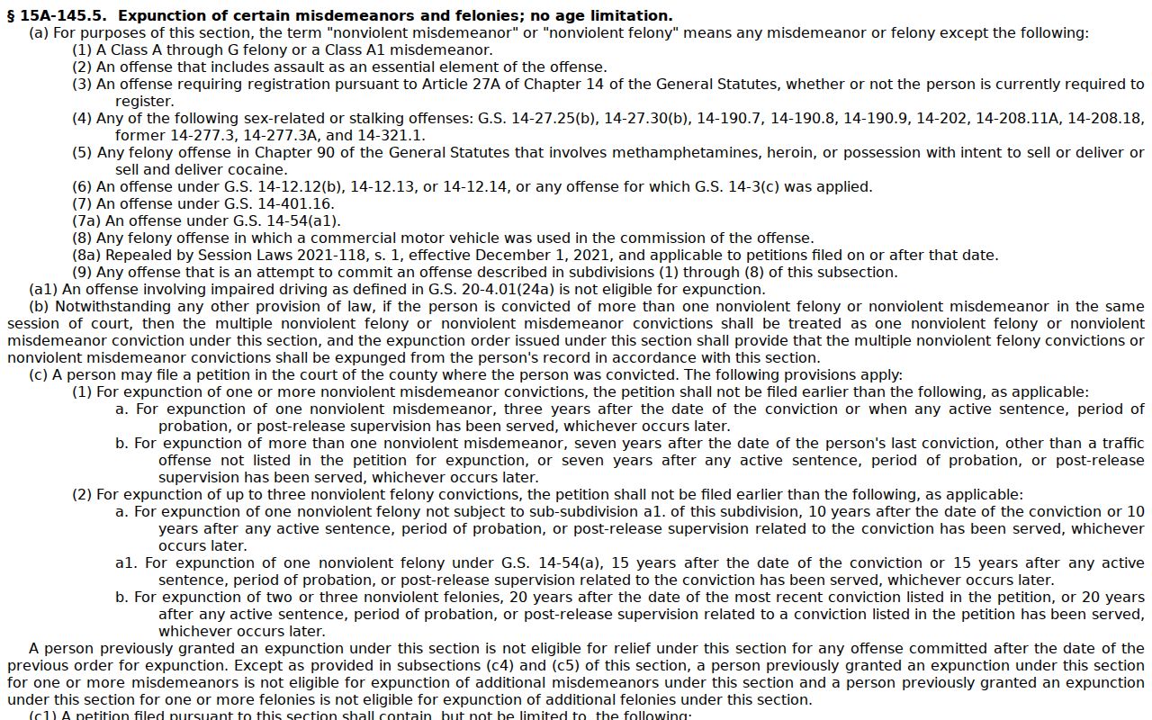 Mecklenburg criminal docket North Carolina expunction statute record access