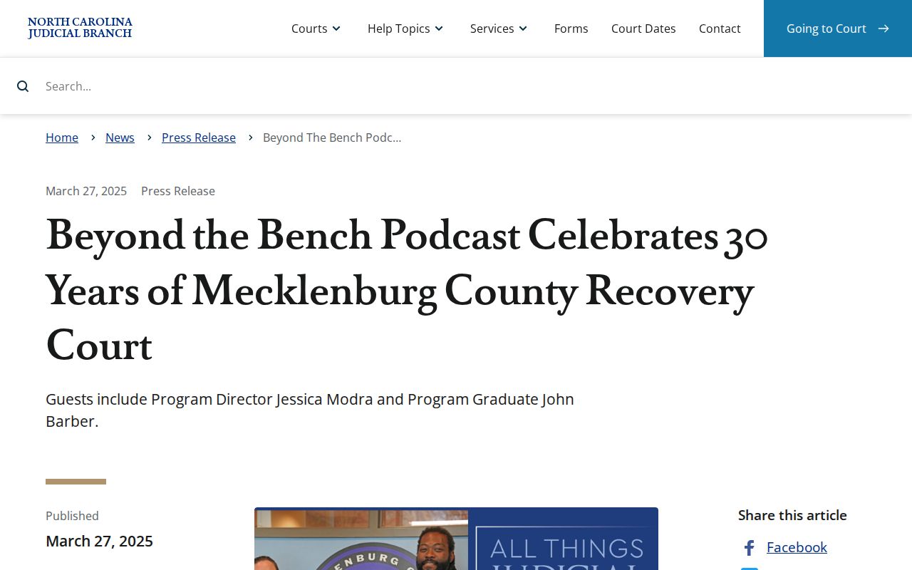 Mecklenburg criminal docket Recovery Court 30-year Judicial Branch release