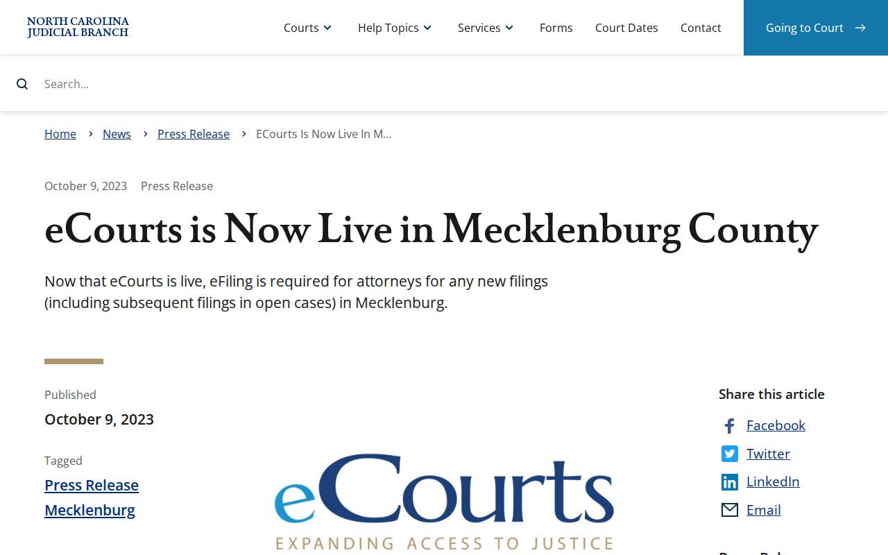 Mecklenburg criminal docket eCourts Portal and Odyssey launch announcement