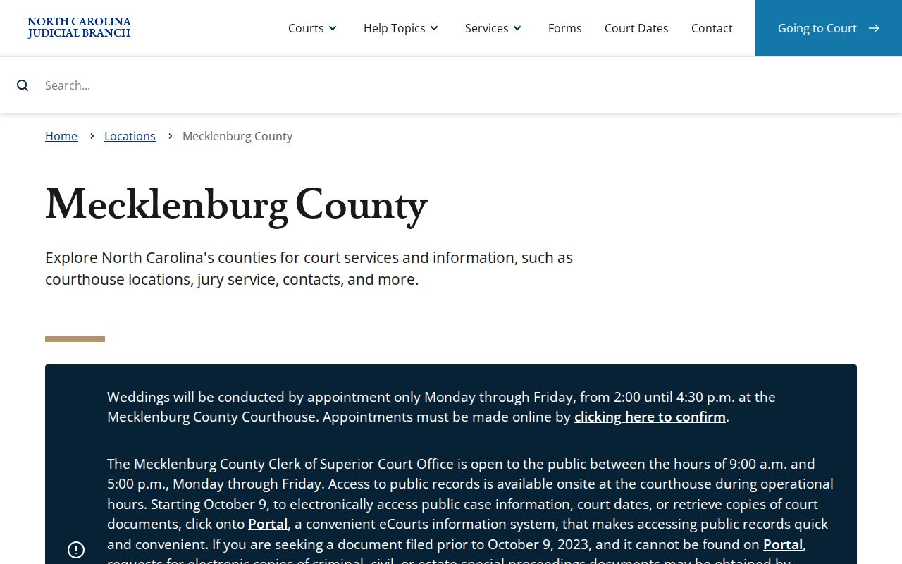 Mecklenburg County court docket access through the Judicial Branch location page