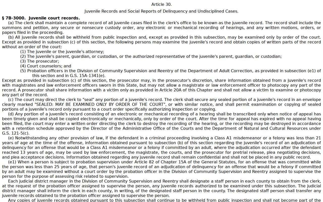 Mecklenburg County court docket juvenile record confidentiality statute