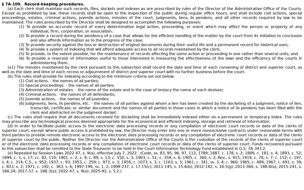 Mecklenburg County court docket Clerk recordkeeping statute