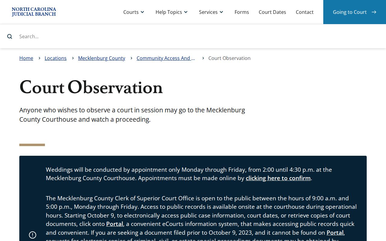 Mecklenburg County court docket courtroom allocation and observation information