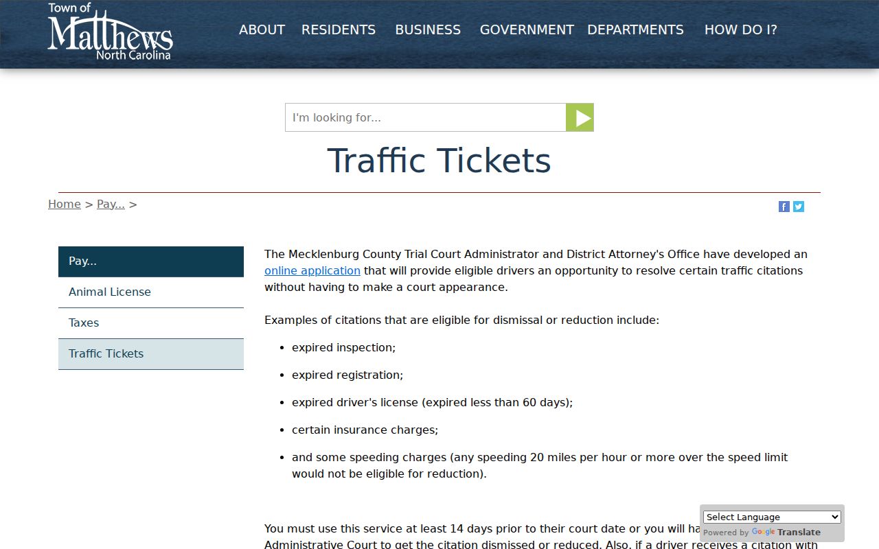 Mecklenburg traffic ticket route from an official Matthews court information page